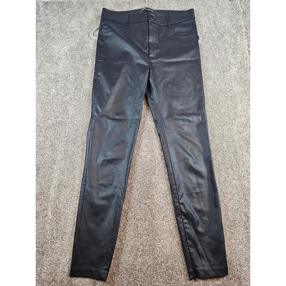 Zara Black Faux Leather Coated Skinny Pants High Rise Leggings Size Large L